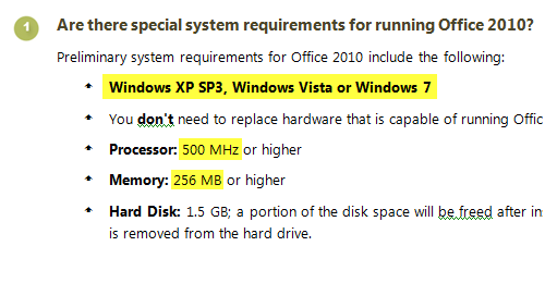 Office 2010 System Requirements; click to see full image