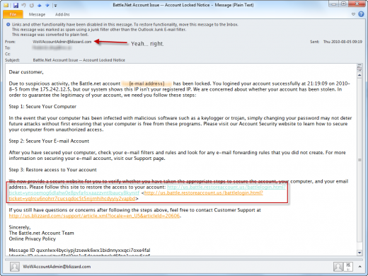 Phishing e-mail purportedly from Blizzard Entertainment Phishing e-mail purportedly from Blizzard Entertainment