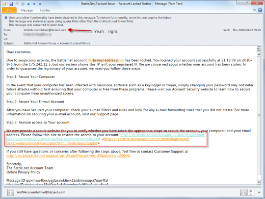 Phishing e-mail purportedly from Blizzard Entertainment