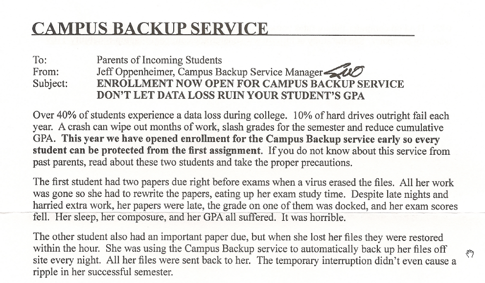 Campus Backup Service marketing letter